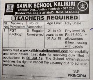 Sainik School Kalikiri, Chittoor PGT (Biology) Recruitment 2019