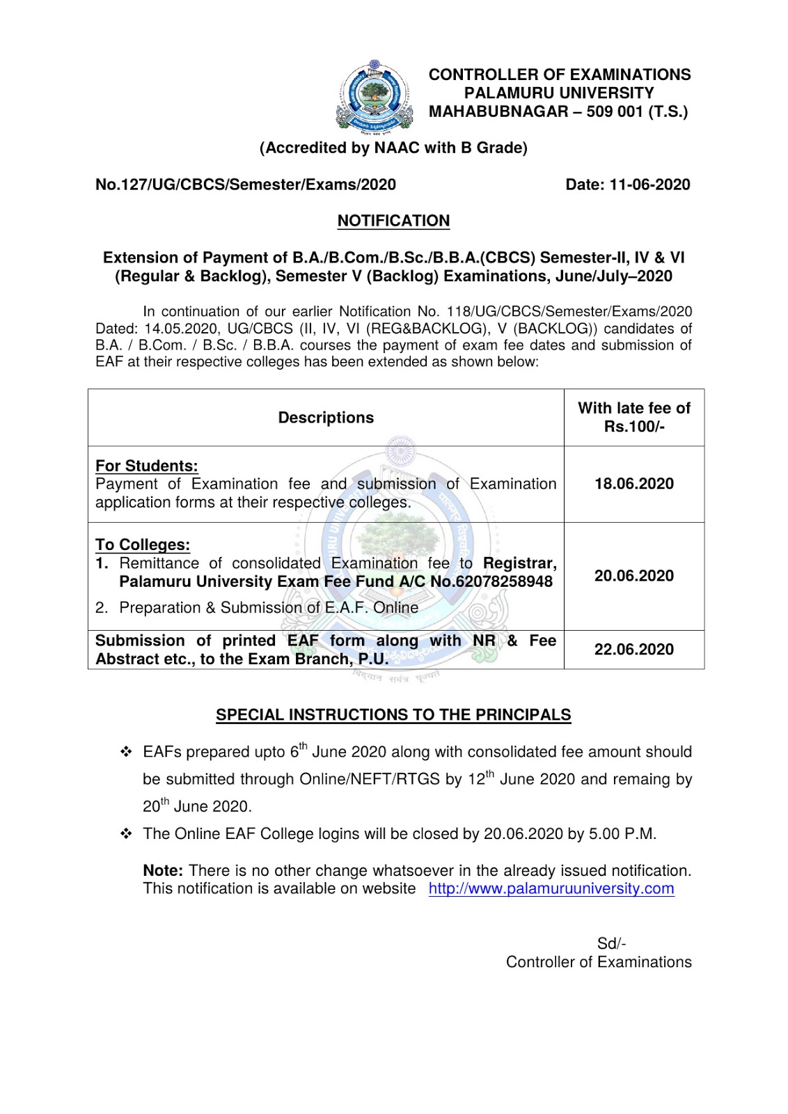 palamuru university ug 2nd, 4th & 6th sem reg & backlog june-july 2020 fee notification