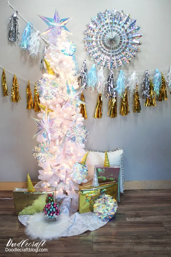 Unicorn Christmas Tree with Iridescent Decorations from Oriental Trading