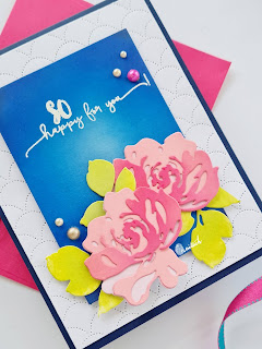 Altenew fantasy floral 3 D die card, Congratulations card, Quillish, Die cutting flowers, floral card, Altenew dotted scales debossing cover die