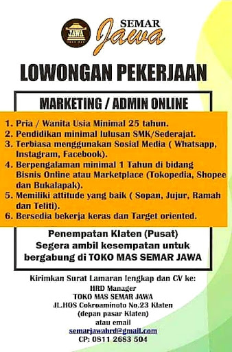Lowongan Kerja Marketing / Admin Online di Toko Emas Semar Jawa Klaten