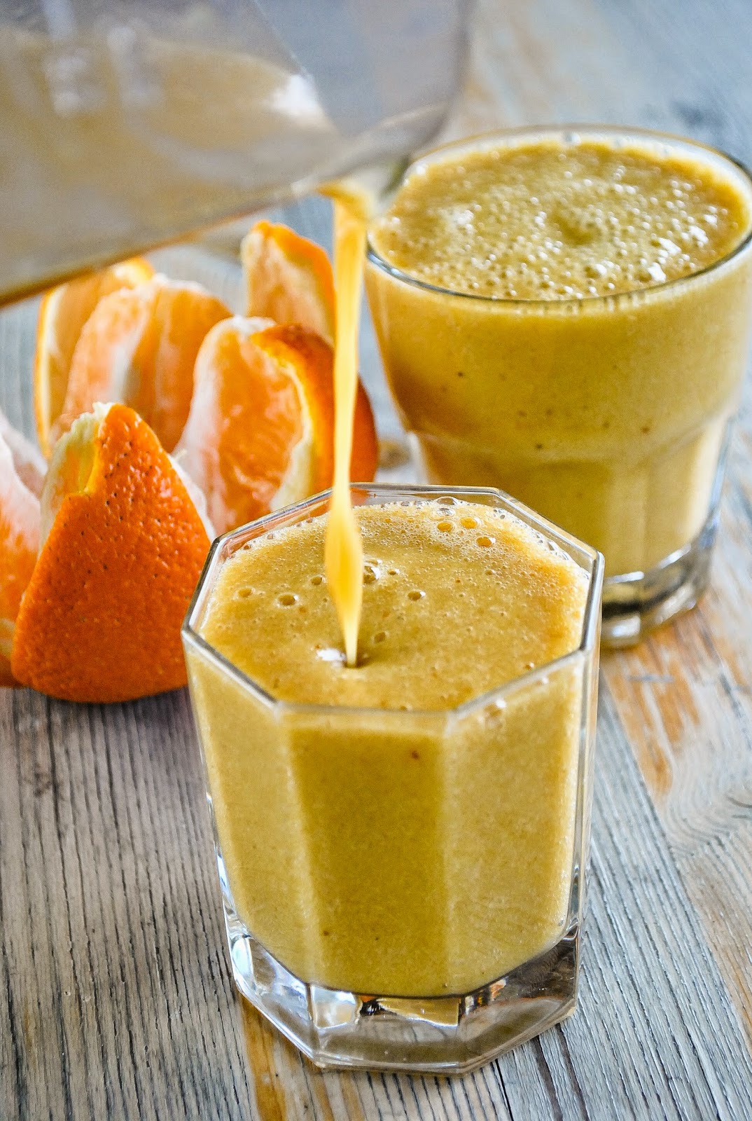 My everyday smoothie with orange, banana and dates VeganSandra