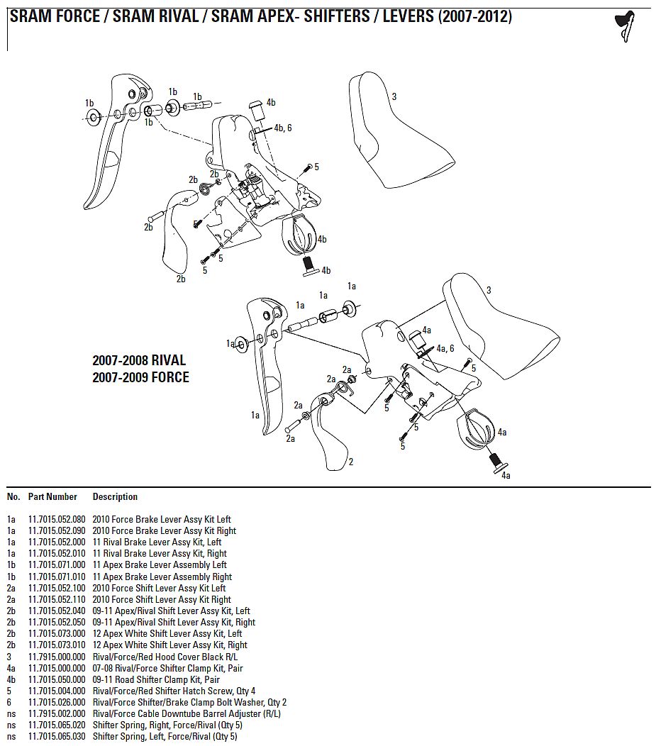 2007-2012 SRAM Force, Rival, Apex Shifter Parts Diagram