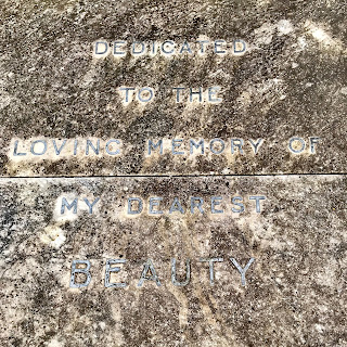 Dedication to Beauty on slab of the grave of the Great Lafayette, Piershill Cemetery, Edinburgh.  Photo by Kevin Nosferatu for the Skulferatu Project.