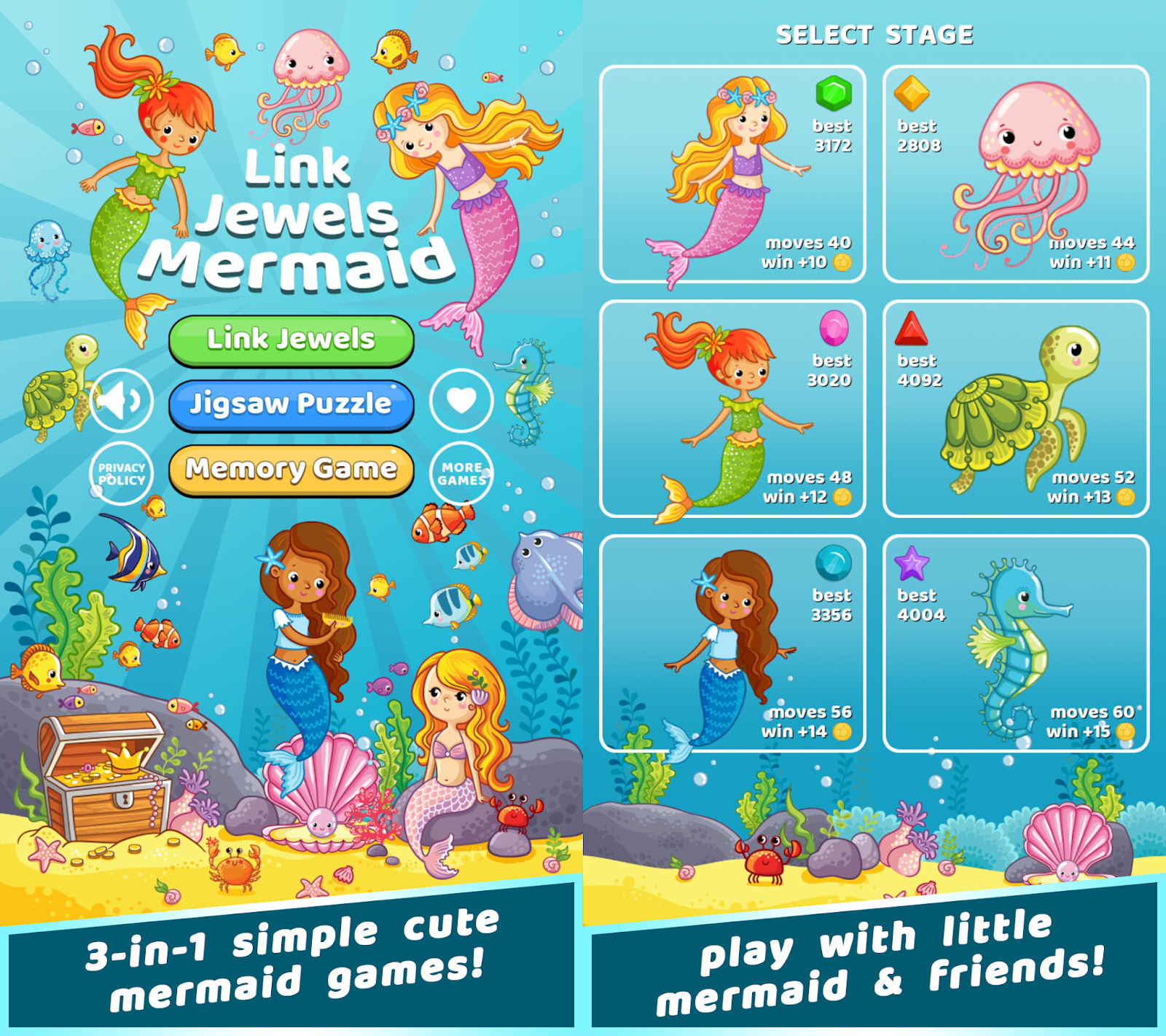 Link Jewels Mermaid, a cute match 3, memory & jigsaw puzzle Android game!