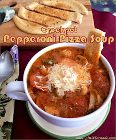 Crockpot Pepperoni Pizza Soup is a fun and filling way to have your soup and pizza too, pizza night in a quick and easy slow cooker soup form. | Recipe developed by www.BakingInATornado.com | #recipe #dinner