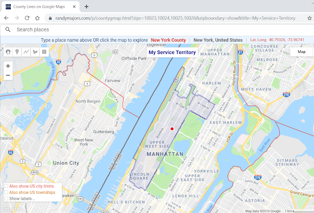 Create a custom County Lines map or ZIP Code-based Sales/Service/Delivery Territory map on the fly, overlaid on Google Maps