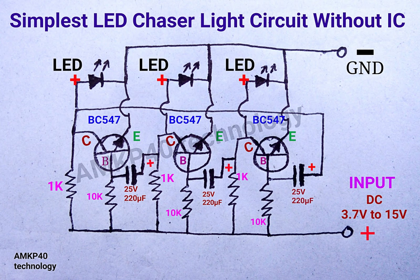 Simplest 12V LED Chaser Light Without IC Circuit Diagram