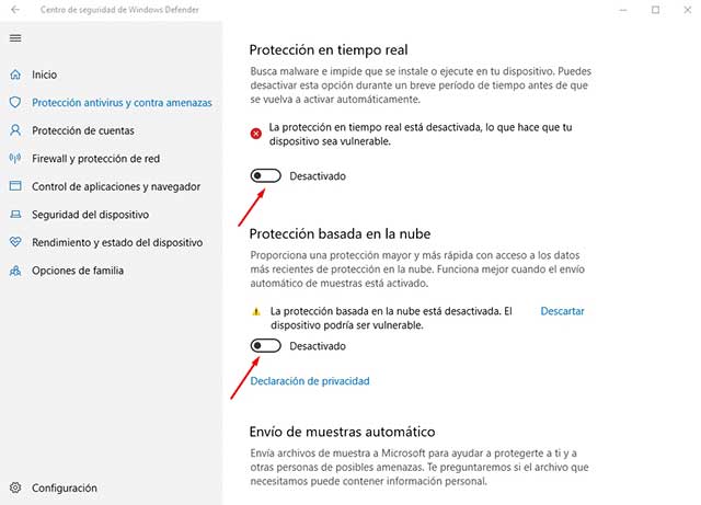 desactivar analisis en tiempo real Windows Defender