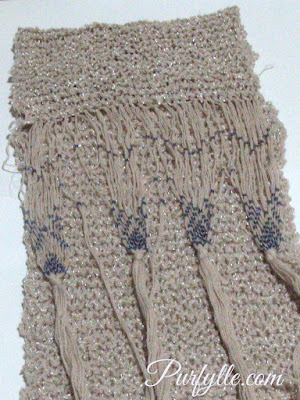 knitted scarf with beaded fringe in silver and dove grey with blue beads