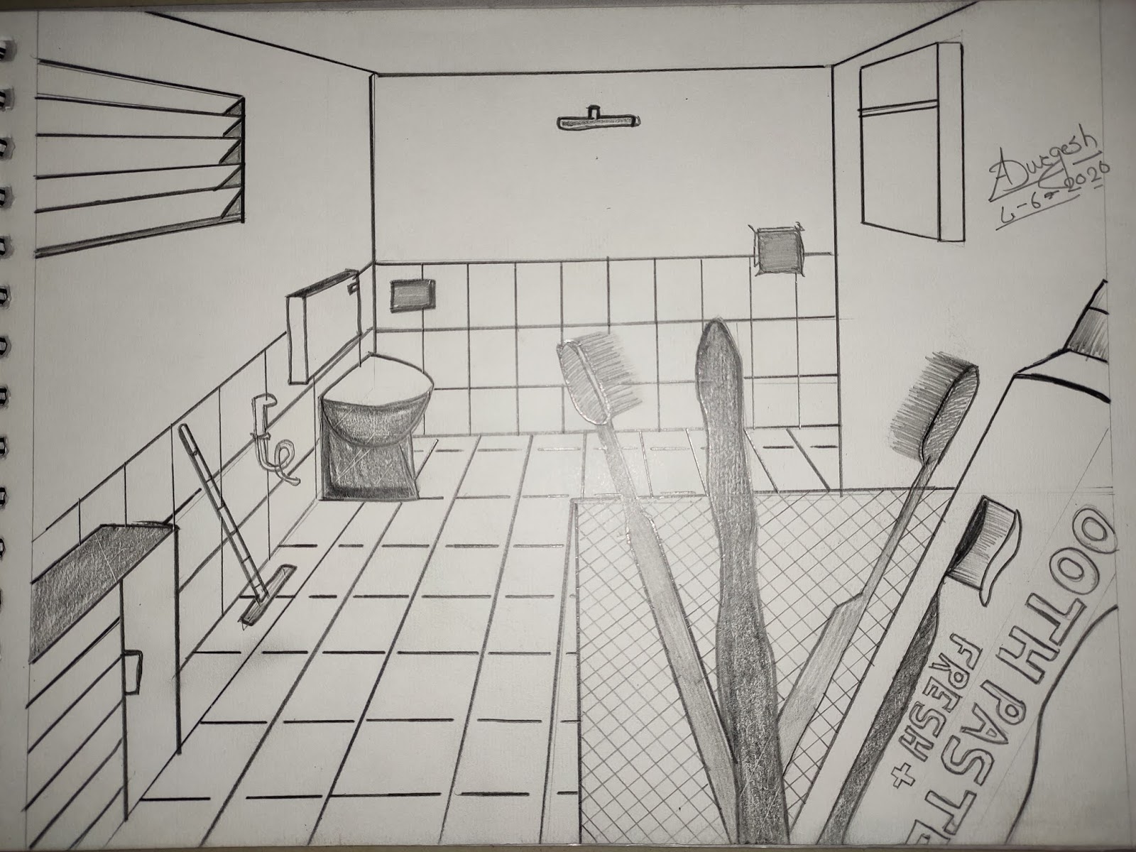 One point perspective sketch of toilet