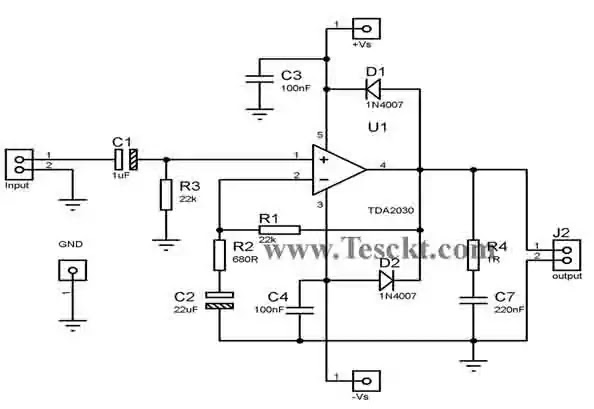 TDA2030 14 watts amplifier with dual power supply TDA2030 14 watts amplifier with dual power supply
