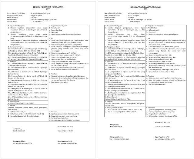 Download RPP 1 Lembar Al-Qur'an Hadist Kelas 3 SD/MI Semester 1