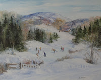 Vacances de Noël, huile 16 x 20 - enfants patinant sur étang gelé à la campagne, par Clémence St-Laurent