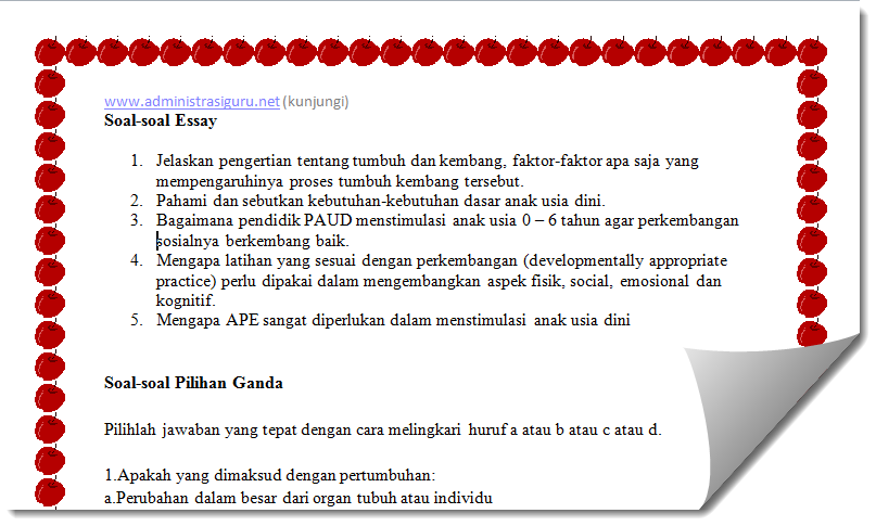 Contoh Soal PAUD Test Perkembangan dan Karateristik Anak Contoh Soal PAUD Test Perkembangan dan Karateristik Anak