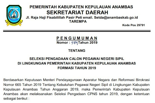Rincian Penerimaan Formasi CPNS Kabupaten Kepulauan Anambas Tahun 2019