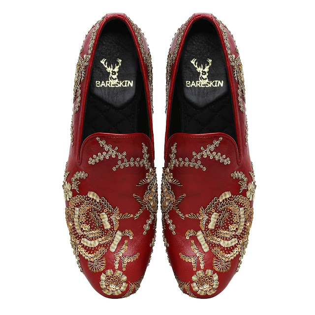 BARESKIN MAROON LEATHER SLIP-ON SHOES WITH COPPER GOLD ZARDOSI EMBROIDERY- BARESKIN MAROON LEATHER SLIP-ON SHOES WITH COPPER GOLD ZARDOSI EMBROIDERY-