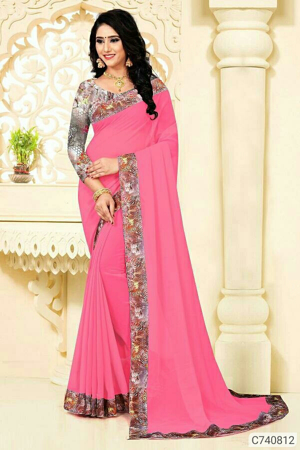 Glamourous Georgette Solid With Digital Printed Border Sarees