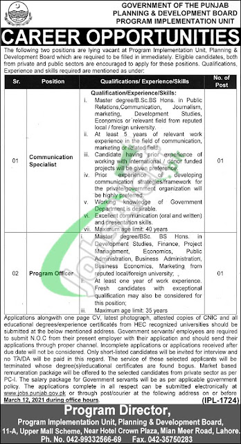 Planning and Development Department Punjab pakistan latest Jobs 2021 PIU Govt jobs Advertisement