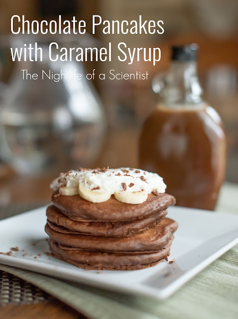 chocolate whole wheat yogurt panacakes with caramel syrup the nightlife of a scientist
