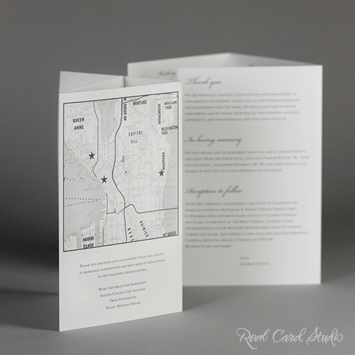 Petite trifold wedding program with map of Seattle by Real Card Studio Petite trifold wedding program with map of Seattle by Real Card Studio