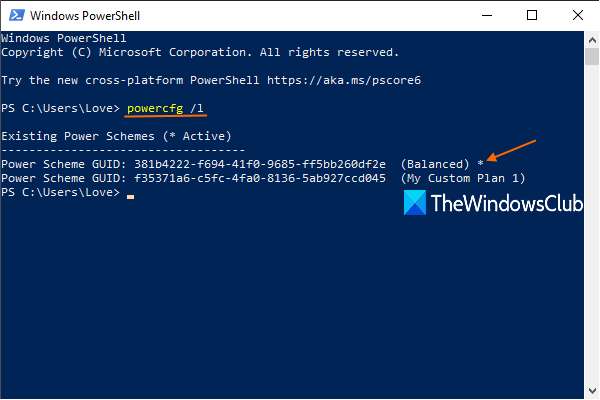 Windows PowerShell pour afficher les plans d'alimentation actifs et tous