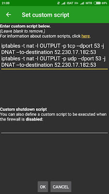Jendela pengaturan custom script AfWall+ Jendela pengaturan custom script AfWall+