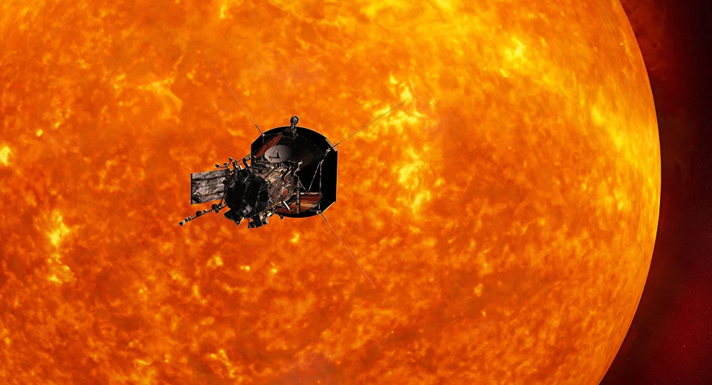 Montagem ilustrando a sonda orbitando o sol
