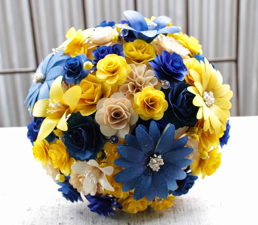 Royal Blue and Yellow Wedding Bouquets Made of Wooden