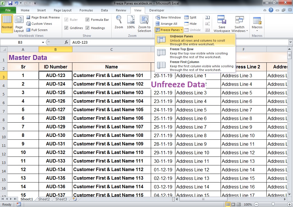 MS Excel Function Freeze Panes For Freeze Column & Row While Scrolling