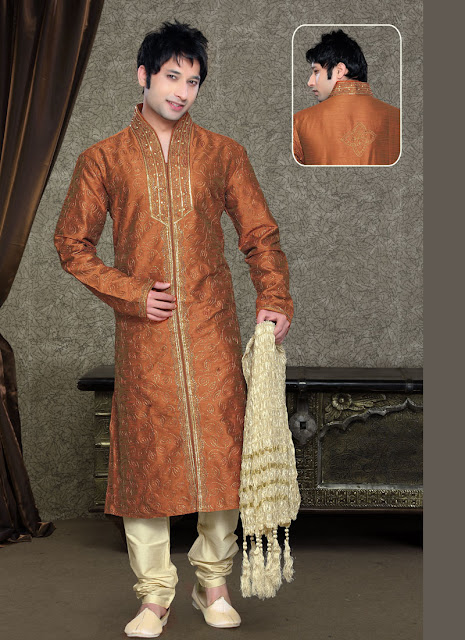 Rustic Orange And Cream Embroidered Kurta Pyjama