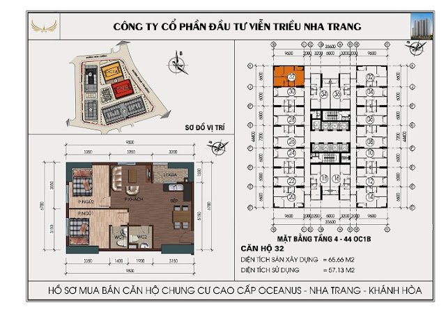 Mặt bằng Căn 32 Chung Cư OC1B Mường Thanh Viễn Triều Nha Trang