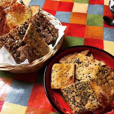 Crackers in baskets and bowls