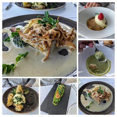 Collage of dinner dishes at Lofoten Fiskerestaurant in Oslo Norway