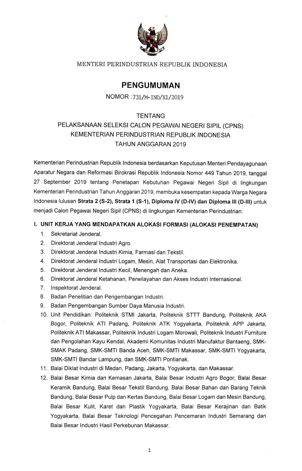 Seleksi Cpns Kementerian Perindustrian Republik Indonesia Tahun Anggaran 2019 Lowongan Kerja Dan Rekrutmen Bulan Juni 2021