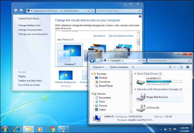 سطح مكتب Windows 7 مع لوحة التحكم و Windows Explorer مفتوح.