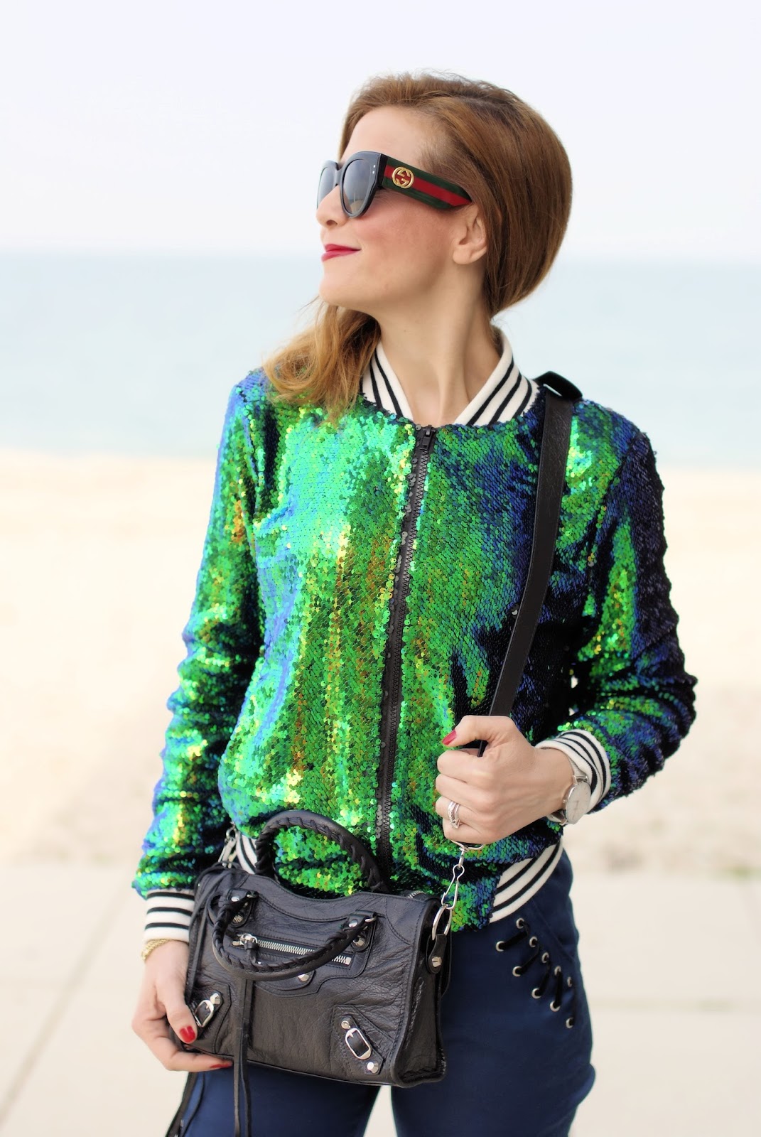Sequins bomber jacket and Gucci sunglasses on Fashion and Cookies fashion blog, fashion blogger style