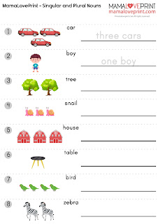 MamaLovePrint 英文工作紙 -  Singular and Plural Nouns English Basic Grammar Learning Activities Kindergarten Worksheet Free Download  英文名詞的單數與複數 幼稚園工作紙