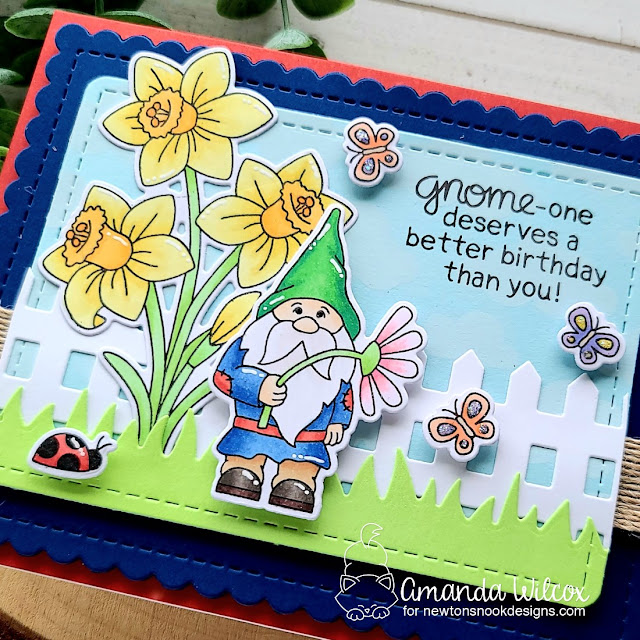 Gnome Birthday Card by Amanda Wilcox | Gnome Garden and Daffodils Stamp Sets, Fence Die Set, Land Borders Die Set, and Frames & Flags Die Set by Newton's Nook Designs #newtonsnook #handmade