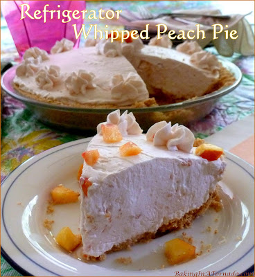 Refrigerator Whipped Peach Pie is an easy, no bake dessert. It’s light and fluffy and full of peach flavor. | Recipe developed by www.BakingInATornado.com | #recipe #pie