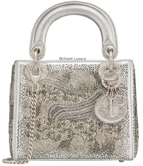 ♦Lady Dior bag, silver color textured goatskin embroidered with metallized tubes-hand-hammered silver tone metal charms, designer Olga De Amaral