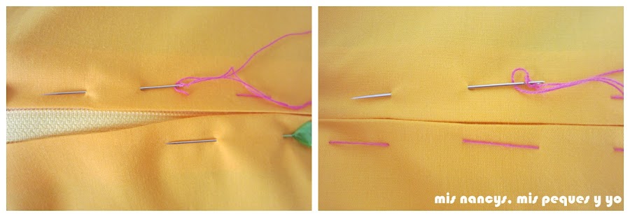 mis nancys, mis peques y yo, tutorial DIY funda de cojín sencilla con cremallera y volante, hilvanar cremallera 