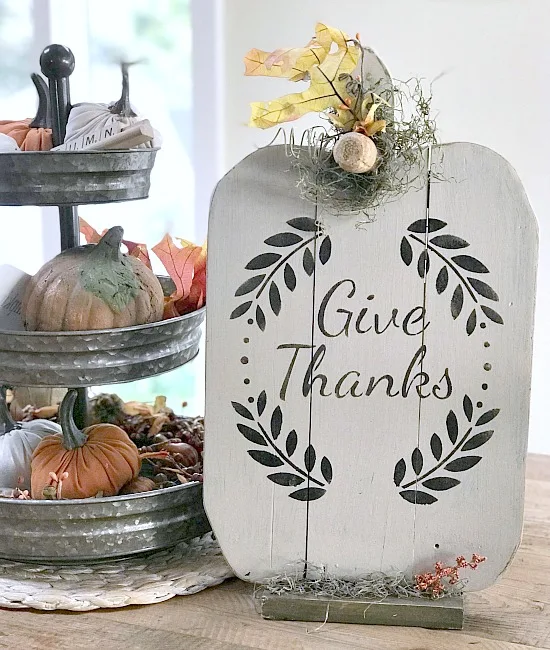 Give thanks stenciled pallet pumpkin and tiered tray