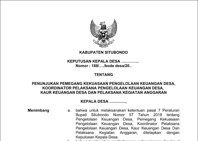 Surat Keputusan Sk Kepala Desa Tentang Penunjukan Pemegang Kekuasaan Pengelolaan Keuangan Desa Juragan Desa