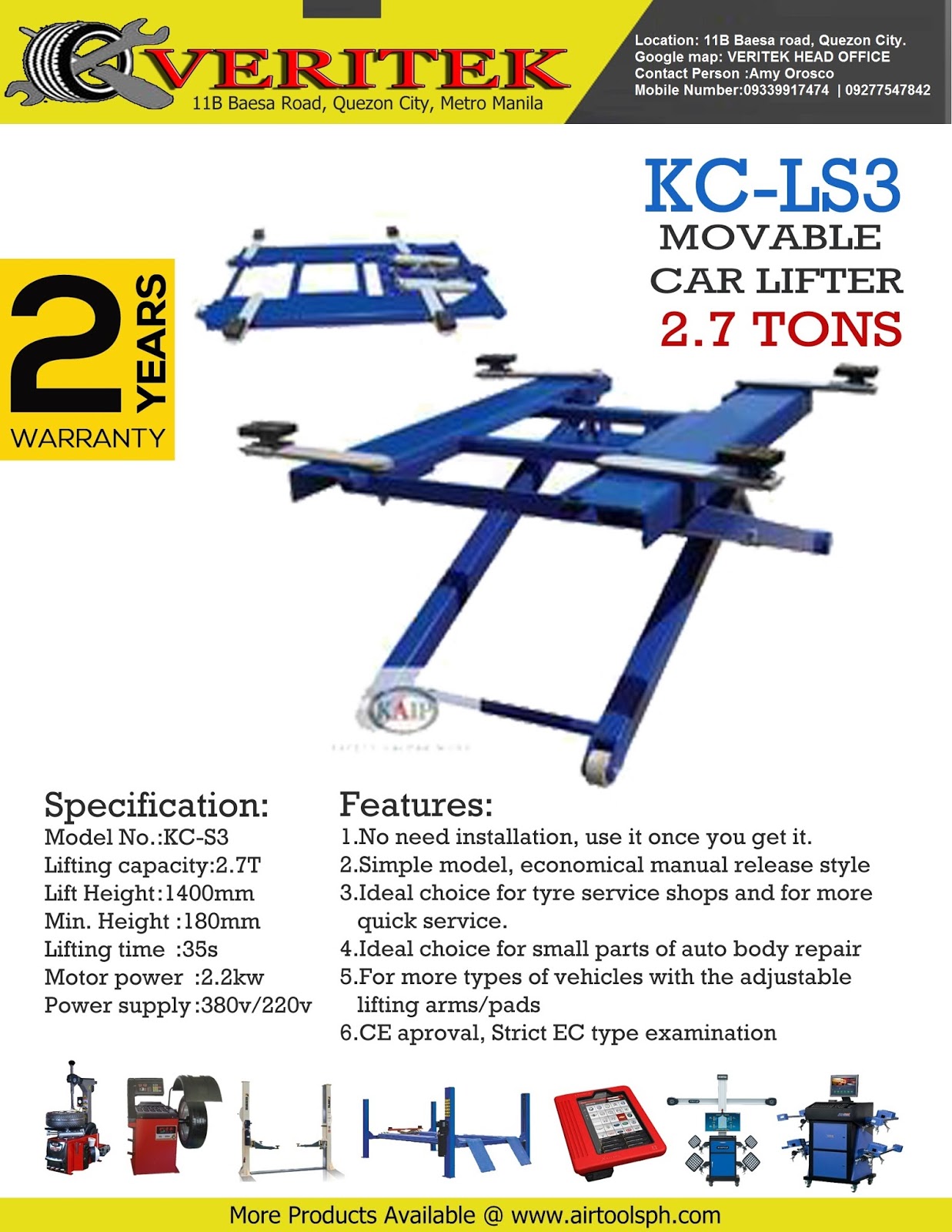Veritek KCLS3 Mid Rise Car Lifter Philippine Automotive