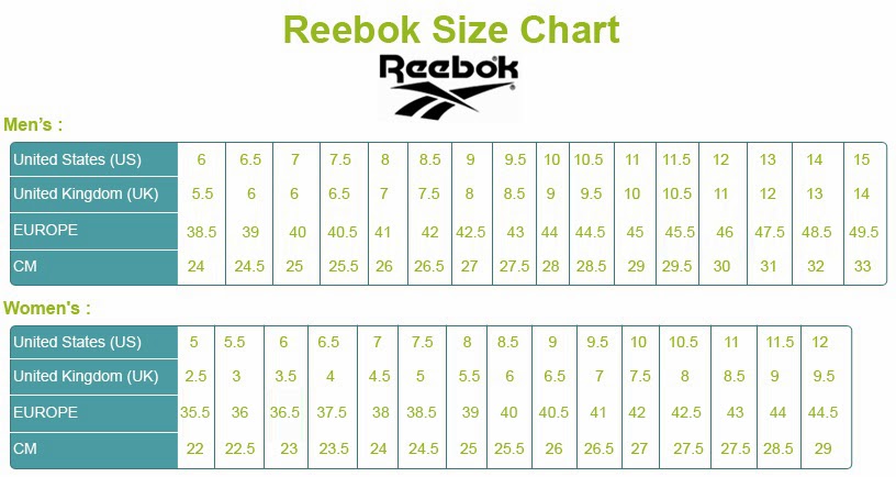 reebok childrens size chart