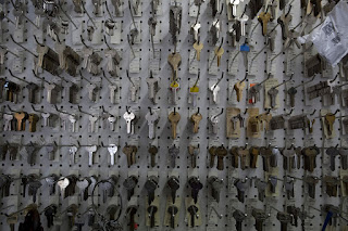 Keys hanging on pegboard