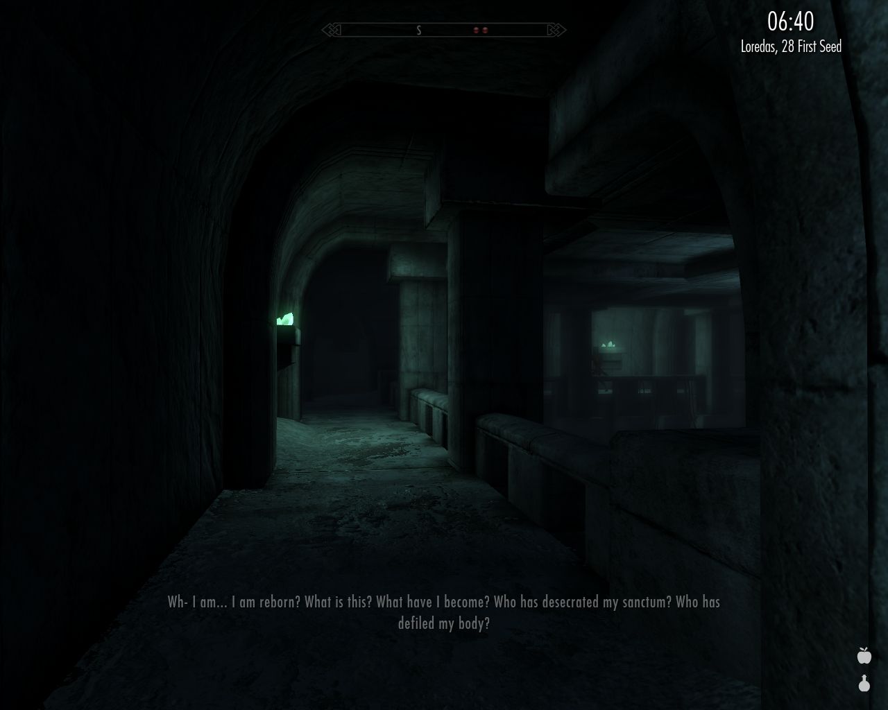 dim passage in a massive stone dungeon, an ethereal voice complains about having been raised from the dead