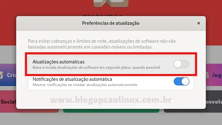 Desabilitando as atualizações automáticas no GNOME Software