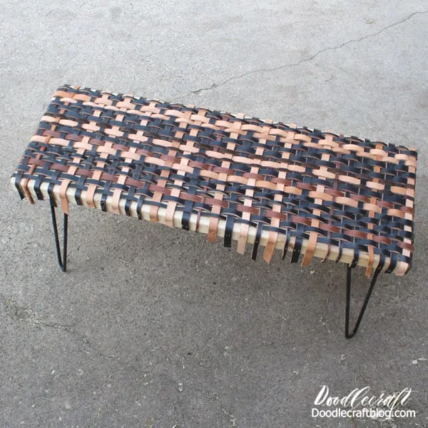 Make a super chic bench for the entry way, front porch, or mud room by weaving strips of leather on a wood base with hairpin legs. With the supplies gathered, this project can be completed in a couple hours or less.